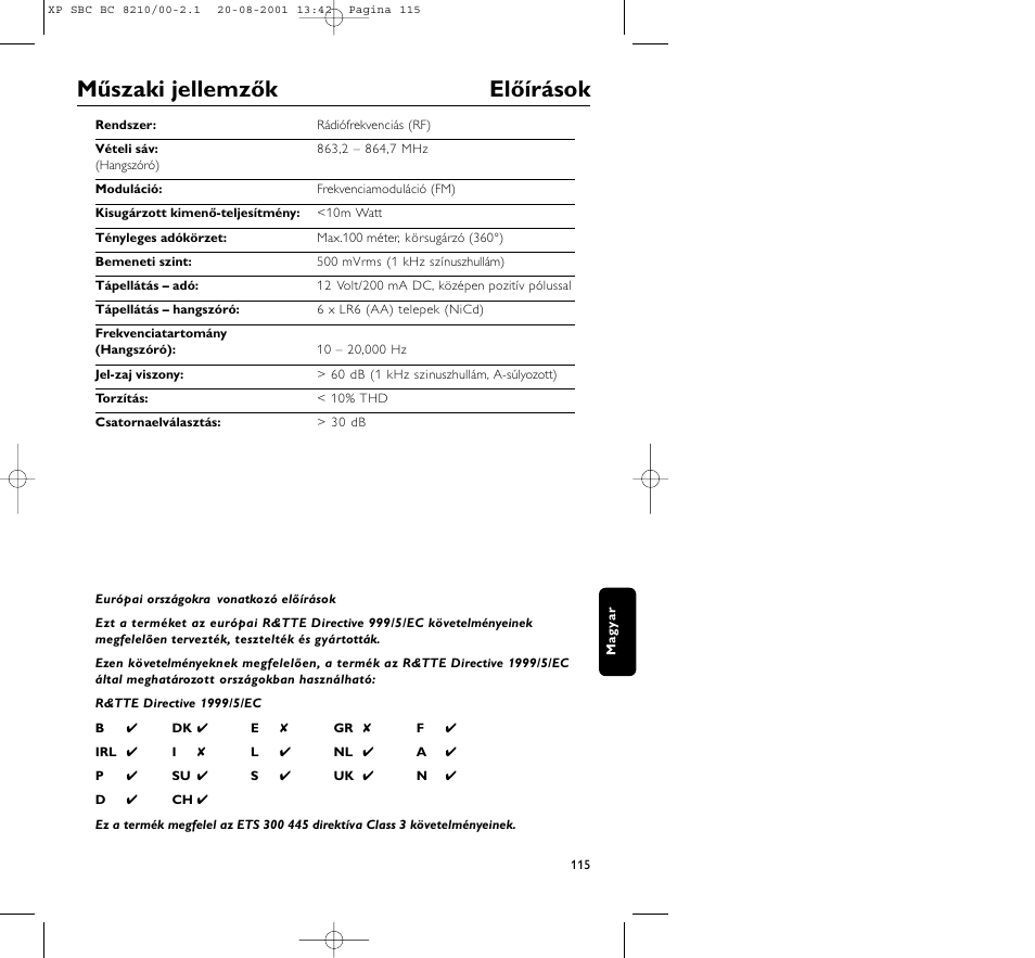 Műszaki jellemzők előírások | Philips FM CORDLESS SPEAKER BC8210 User Manual | Page 115 / 133