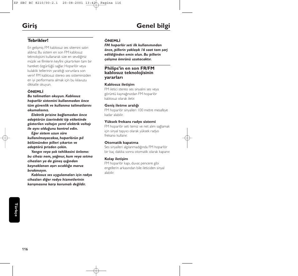 Giriş genel bilgi | Philips FM CORDLESS SPEAKER BC8210 User Manual | Page 116 / 133