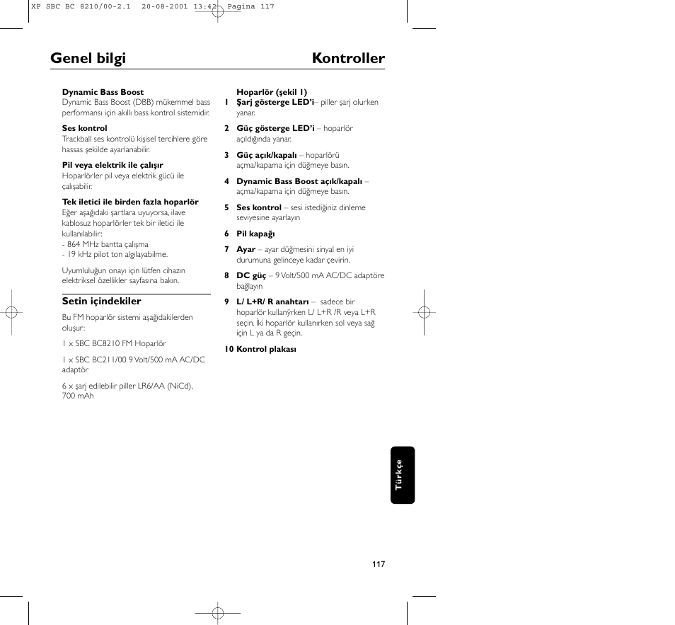 Genel bilgi kontroller | Philips FM CORDLESS SPEAKER BC8210 User Manual | Page 117 / 133