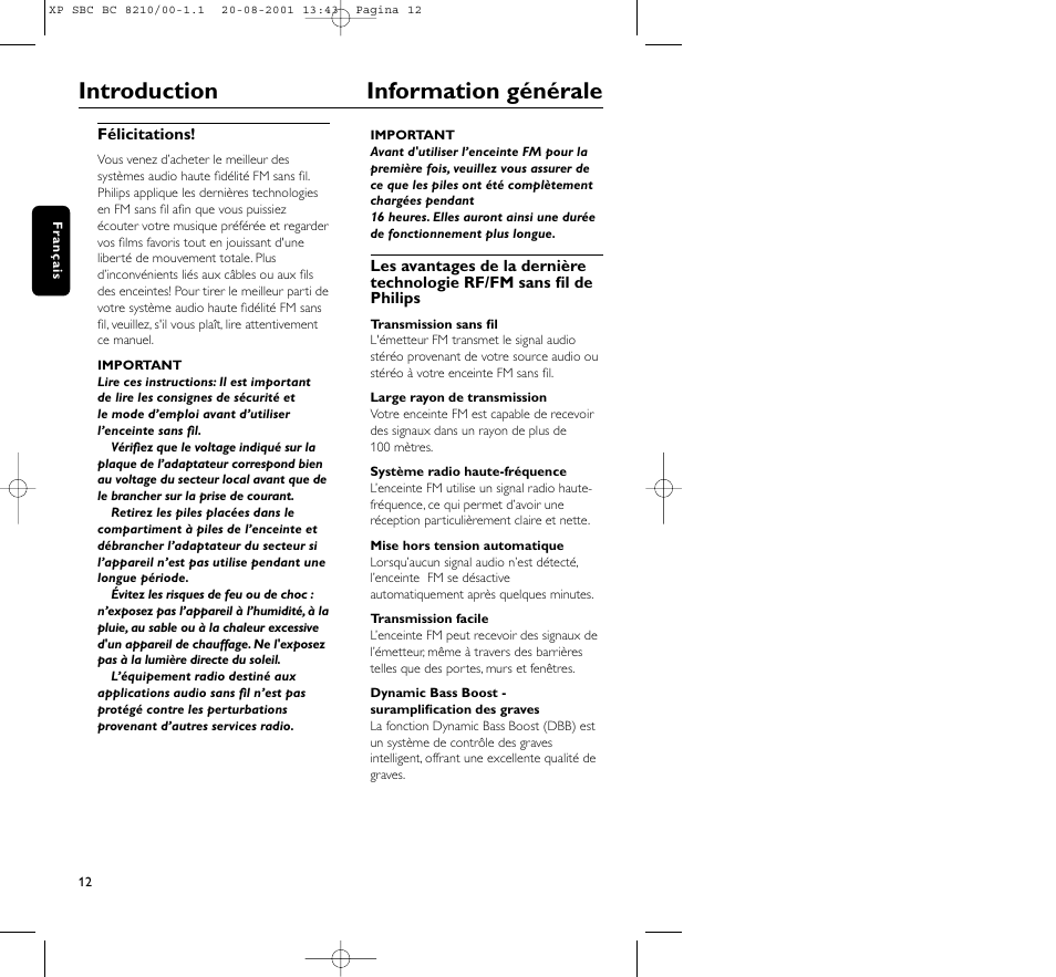 Introduction information générale | Philips FM CORDLESS SPEAKER BC8210 User Manual | Page 12 / 133