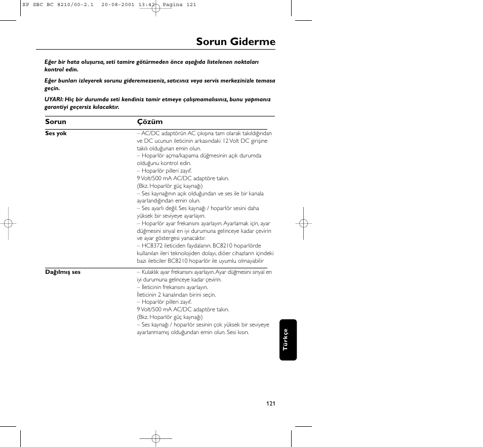 Sorun giderme | Philips FM CORDLESS SPEAKER BC8210 User Manual | Page 121 / 133