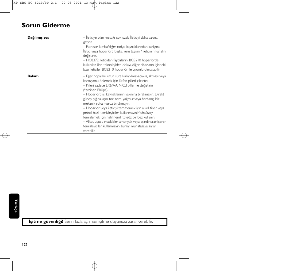 Sorun giderme | Philips FM CORDLESS SPEAKER BC8210 User Manual | Page 122 / 133