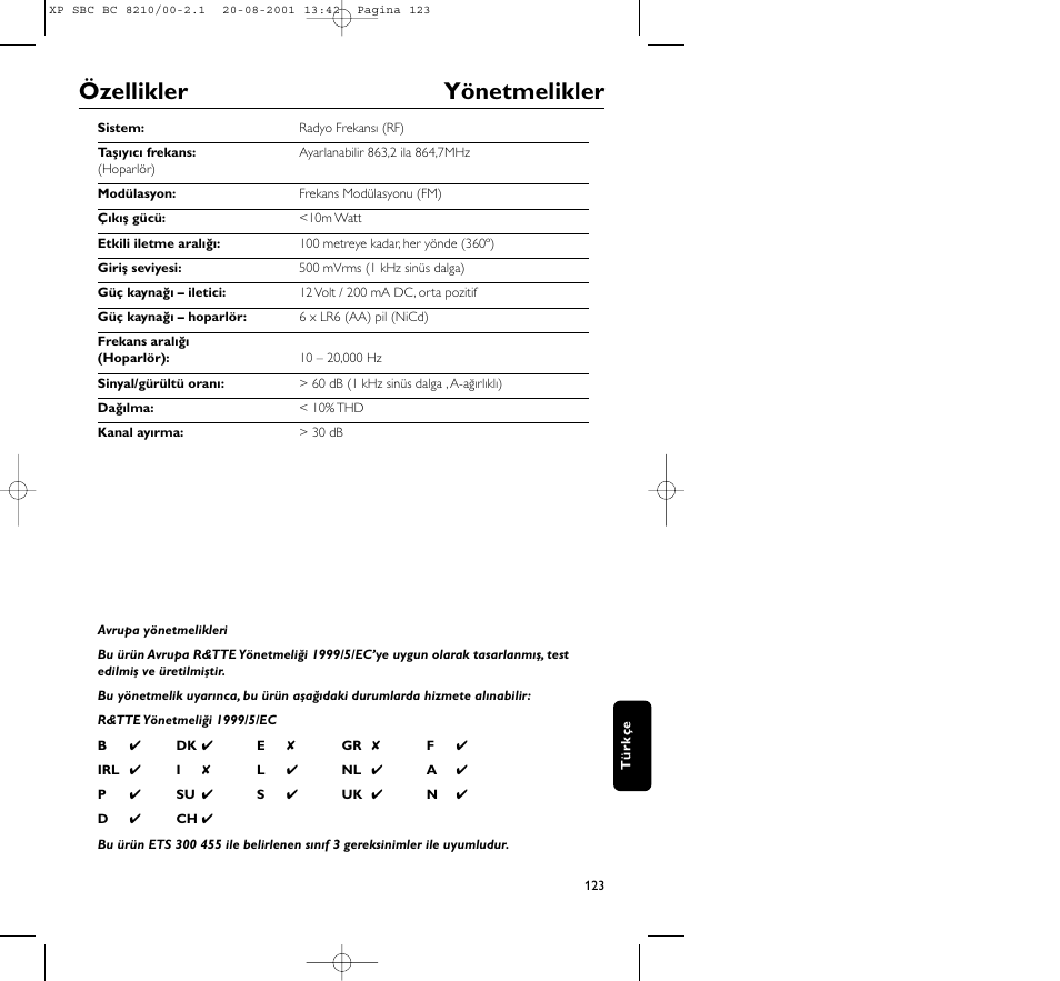 Özellikler yönetmelikler | Philips FM CORDLESS SPEAKER BC8210 User Manual | Page 123 / 133