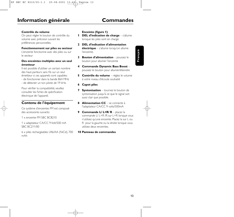 Information générale commandes | Philips FM CORDLESS SPEAKER BC8210 User Manual | Page 13 / 133