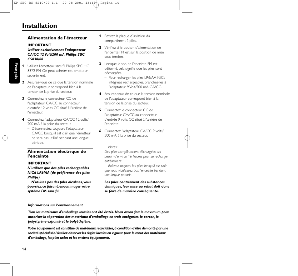 Installation | Philips FM CORDLESS SPEAKER BC8210 User Manual | Page 14 / 133