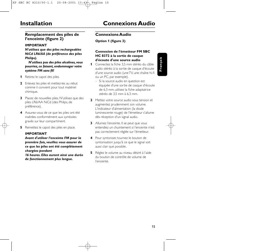 Installation connexions audio | Philips FM CORDLESS SPEAKER BC8210 User Manual | Page 15 / 133