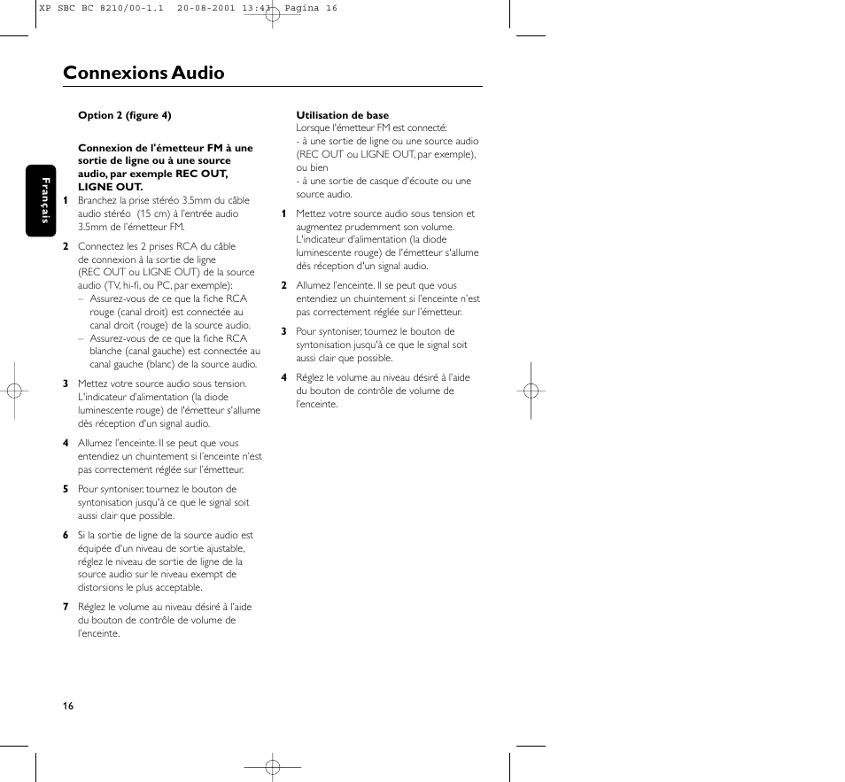 Connexions audio | Philips FM CORDLESS SPEAKER BC8210 User Manual | Page 16 / 133