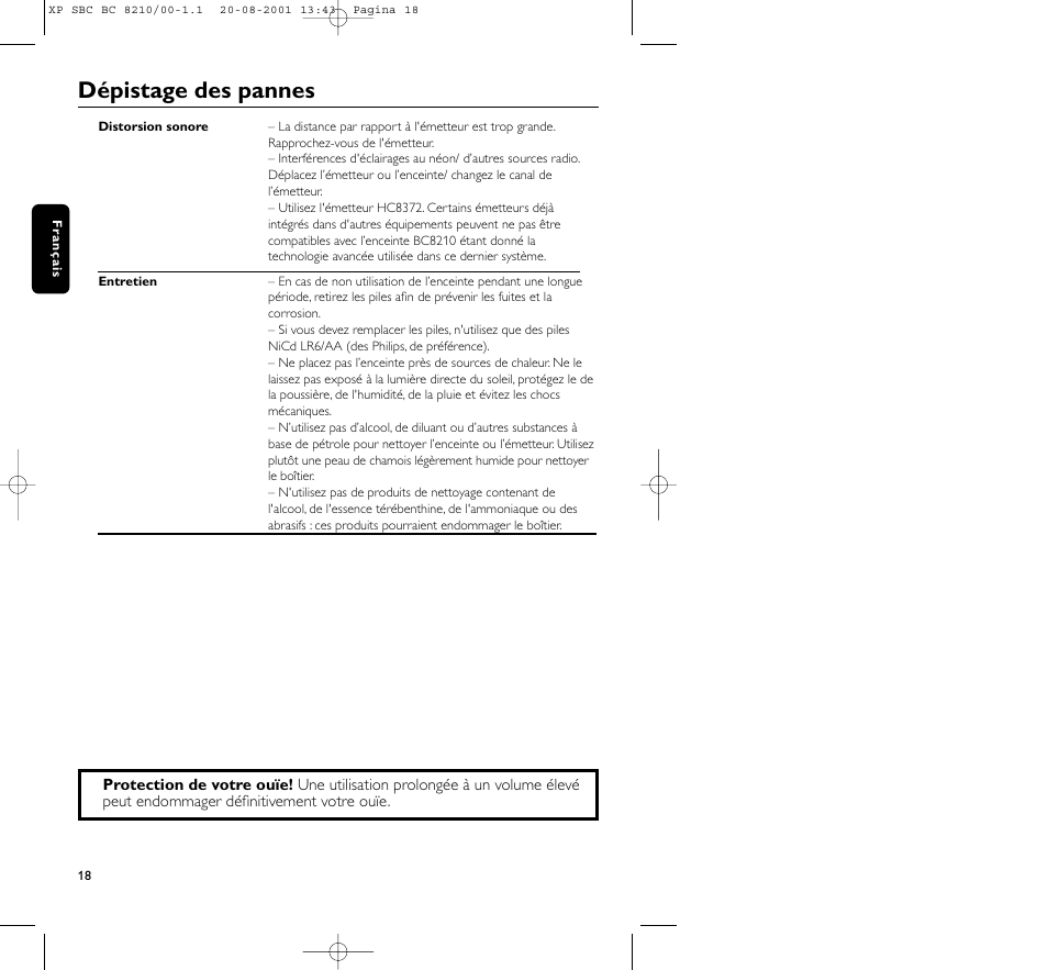 Dépistage des pannes | Philips FM CORDLESS SPEAKER BC8210 User Manual | Page 18 / 133