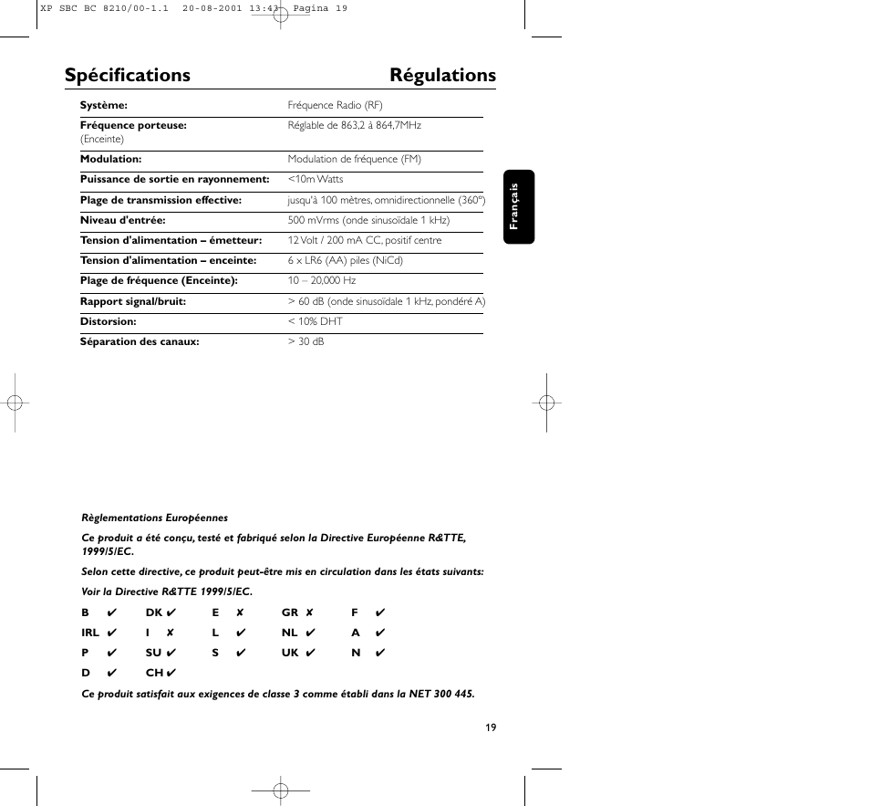 Spécifications régulations | Philips FM CORDLESS SPEAKER BC8210 User Manual | Page 19 / 133