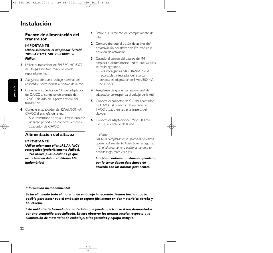 Instalación | Philips FM CORDLESS SPEAKER BC8210 User Manual | Page 22 / 133