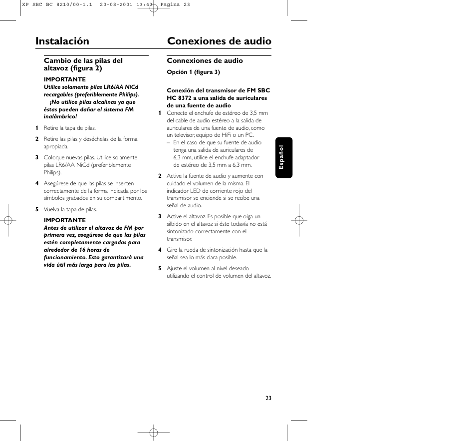 Instalación conexiones de audio | Philips FM CORDLESS SPEAKER BC8210 User Manual | Page 23 / 133