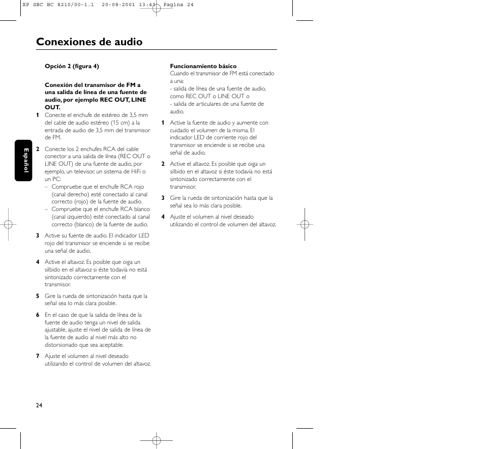 Conexiones de audio | Philips FM CORDLESS SPEAKER BC8210 User Manual | Page 24 / 133