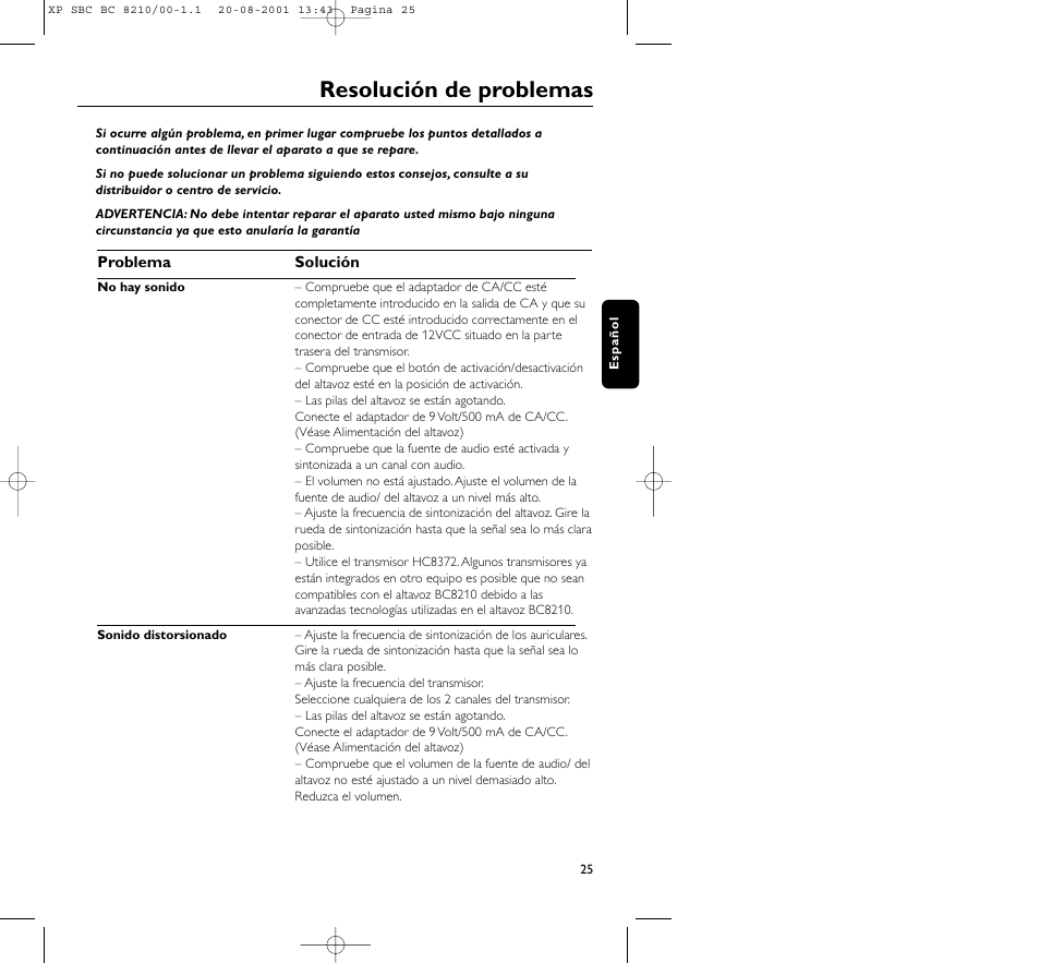 Resolución de problemas | Philips FM CORDLESS SPEAKER BC8210 User Manual | Page 25 / 133