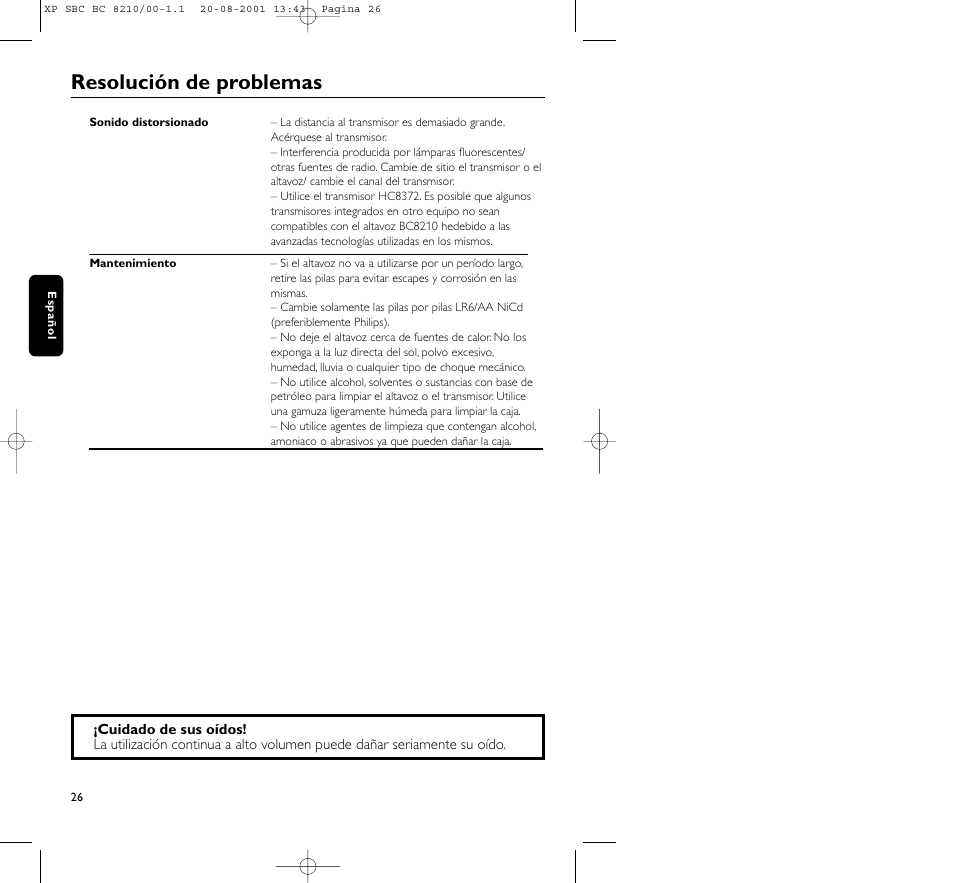 Resolución de problemas | Philips FM CORDLESS SPEAKER BC8210 User Manual | Page 26 / 133