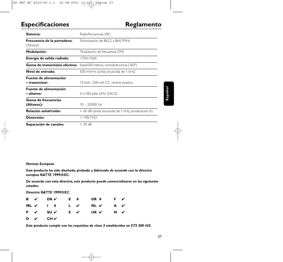 Especificaciones reglamento | Philips FM CORDLESS SPEAKER BC8210 User Manual | Page 27 / 133