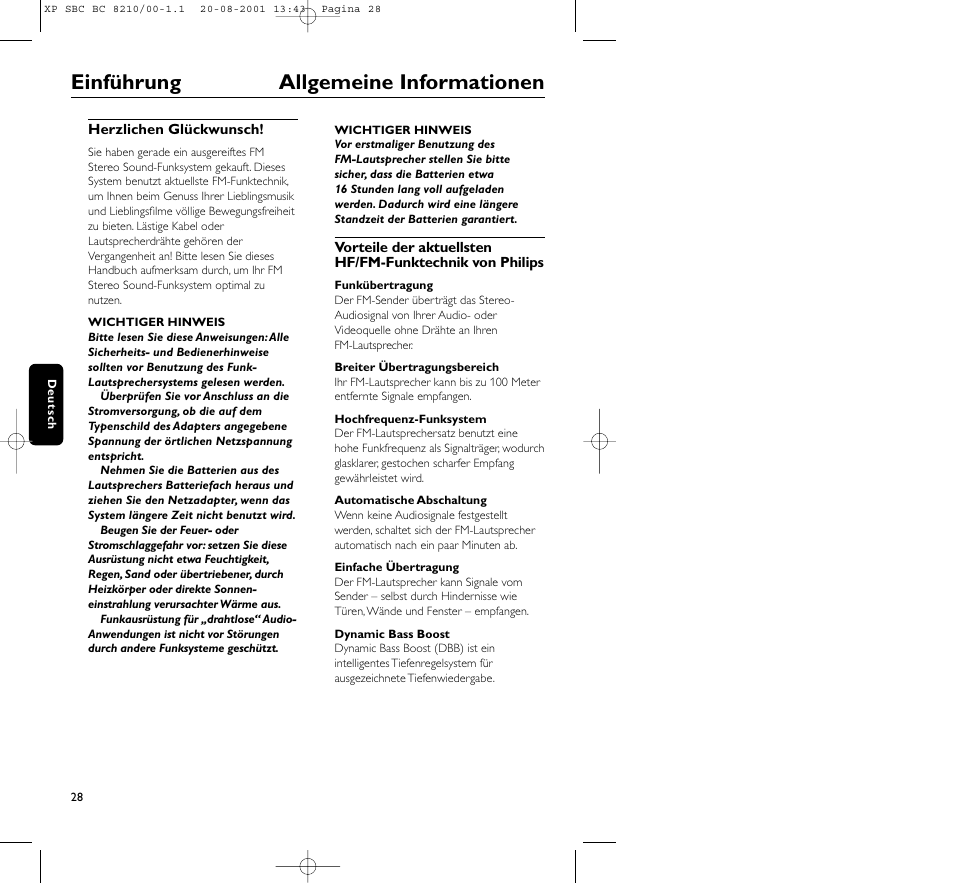 Einführung allgemeine informationen | Philips FM CORDLESS SPEAKER BC8210 User Manual | Page 28 / 133