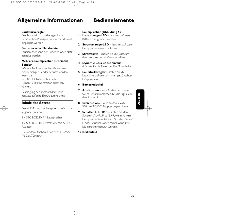 Allgemeine informationen bedienelemente | Philips FM CORDLESS SPEAKER BC8210 User Manual | Page 29 / 133