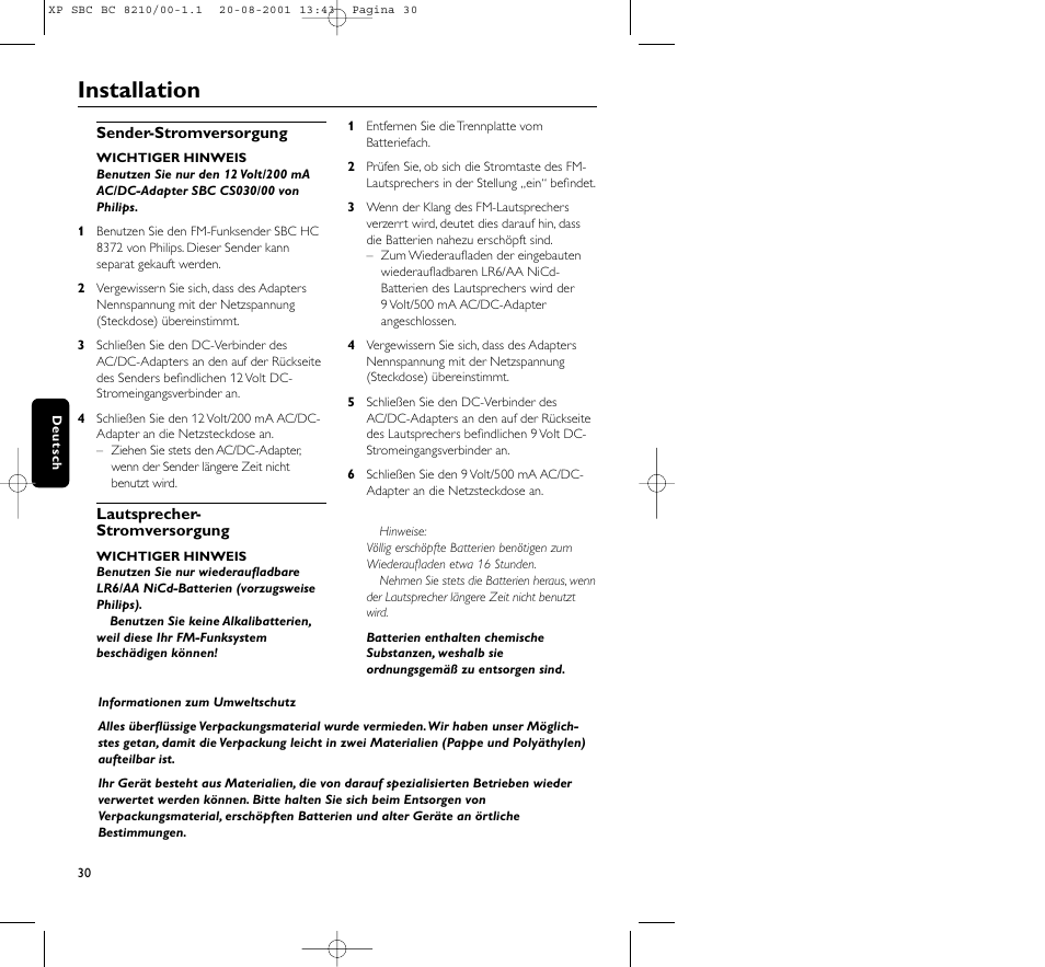 Installation | Philips FM CORDLESS SPEAKER BC8210 User Manual | Page 30 / 133