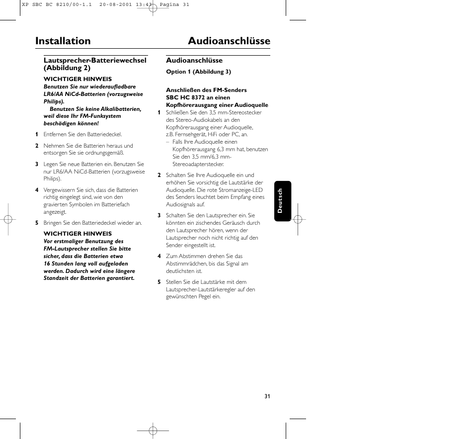 Installation audioanschlüsse | Philips FM CORDLESS SPEAKER BC8210 User Manual | Page 31 / 133