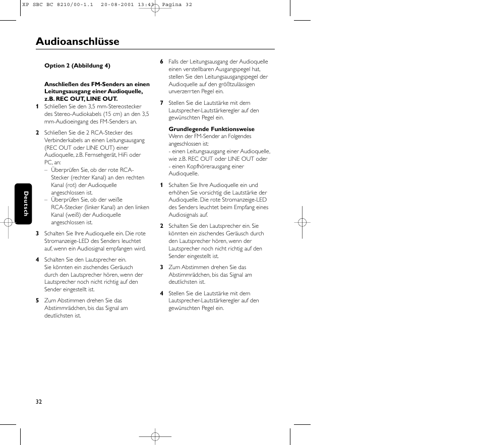 Audioanschlüsse | Philips FM CORDLESS SPEAKER BC8210 User Manual | Page 32 / 133