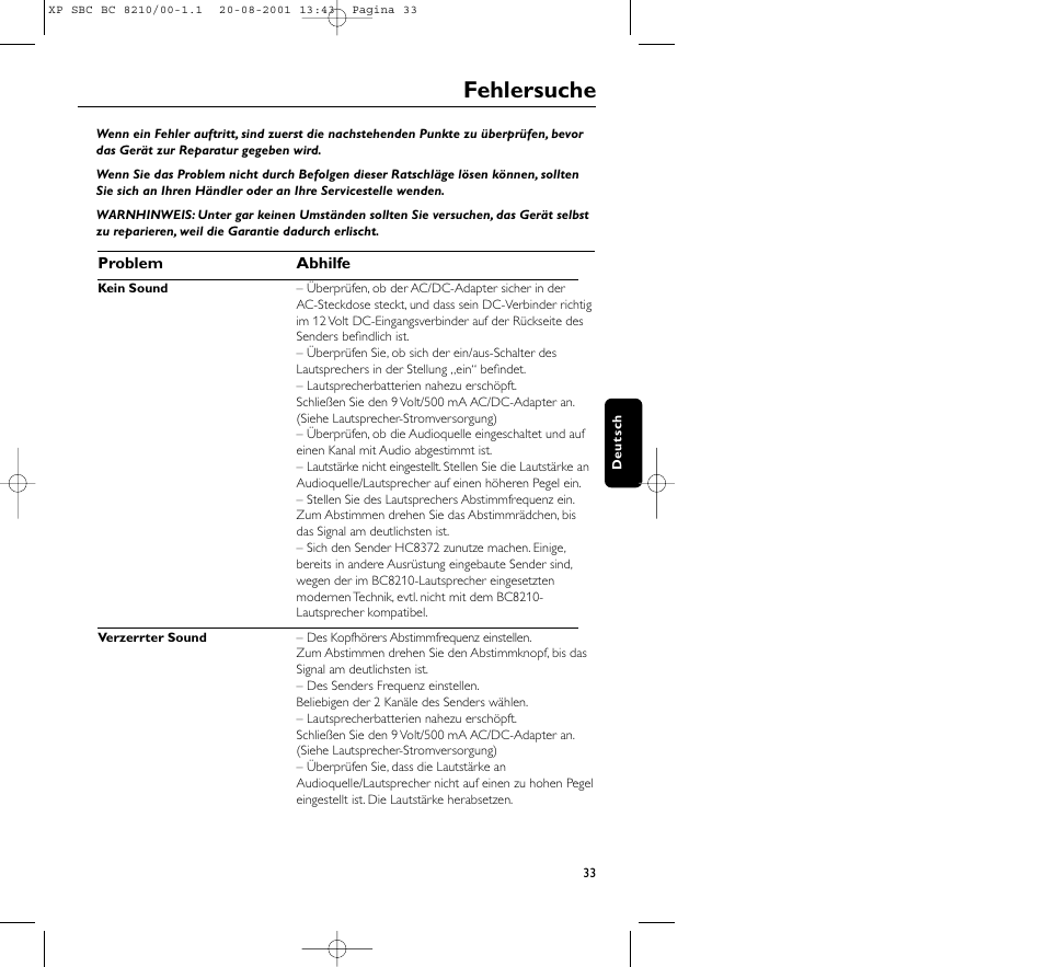 Fehlersuche | Philips FM CORDLESS SPEAKER BC8210 User Manual | Page 33 / 133