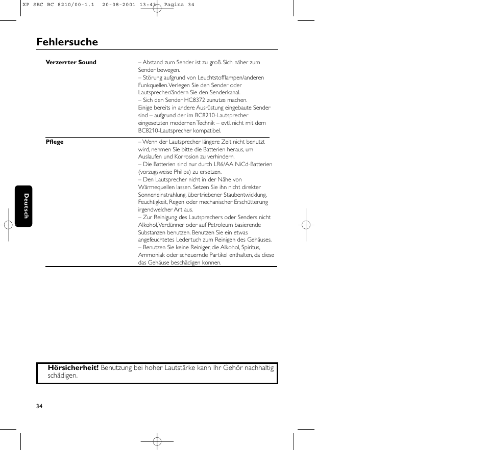 Fehlersuche | Philips FM CORDLESS SPEAKER BC8210 User Manual | Page 34 / 133