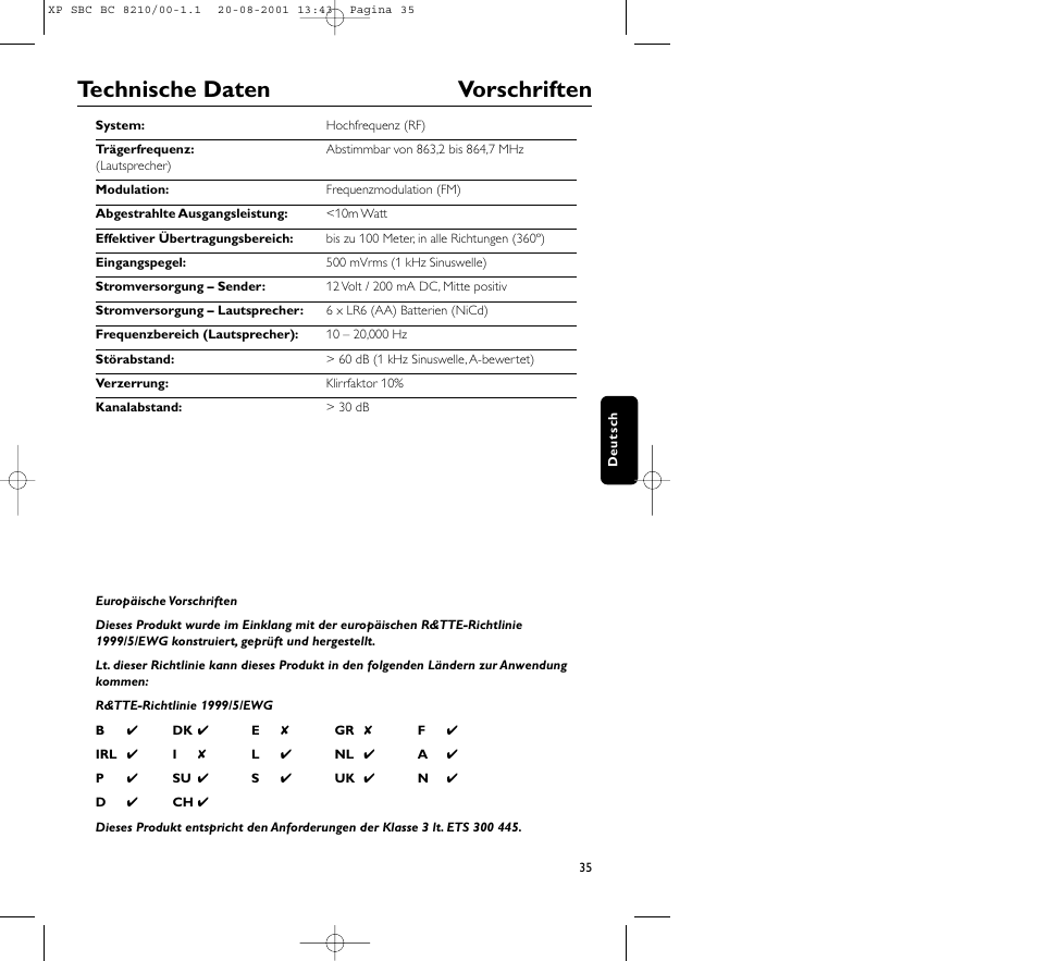 Technische daten vorschriften | Philips FM CORDLESS SPEAKER BC8210 User Manual | Page 35 / 133