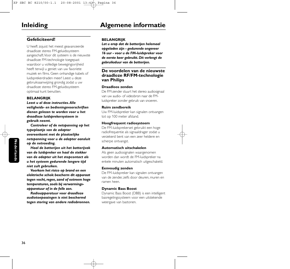 Inleiding algemene informatie | Philips FM CORDLESS SPEAKER BC8210 User Manual | Page 36 / 133