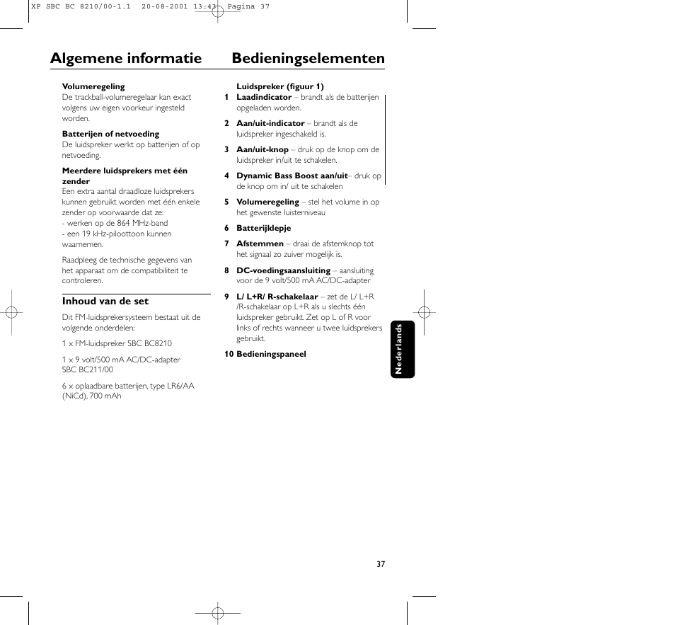 Algemene informatie bedieningselementen | Philips FM CORDLESS SPEAKER BC8210 User Manual | Page 37 / 133