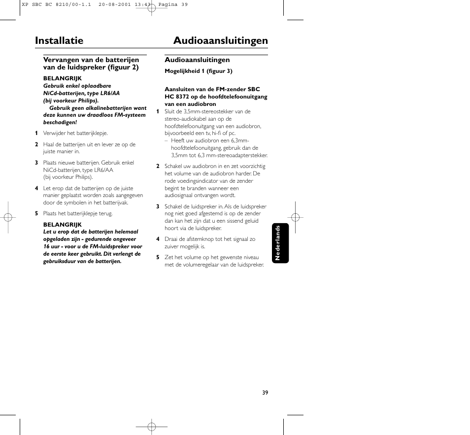 Installatie audioaansluitingen | Philips FM CORDLESS SPEAKER BC8210 User Manual | Page 39 / 133