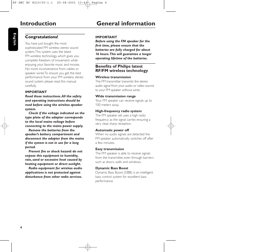 Introduction general information | Philips FM CORDLESS SPEAKER BC8210 User Manual | Page 4 / 133