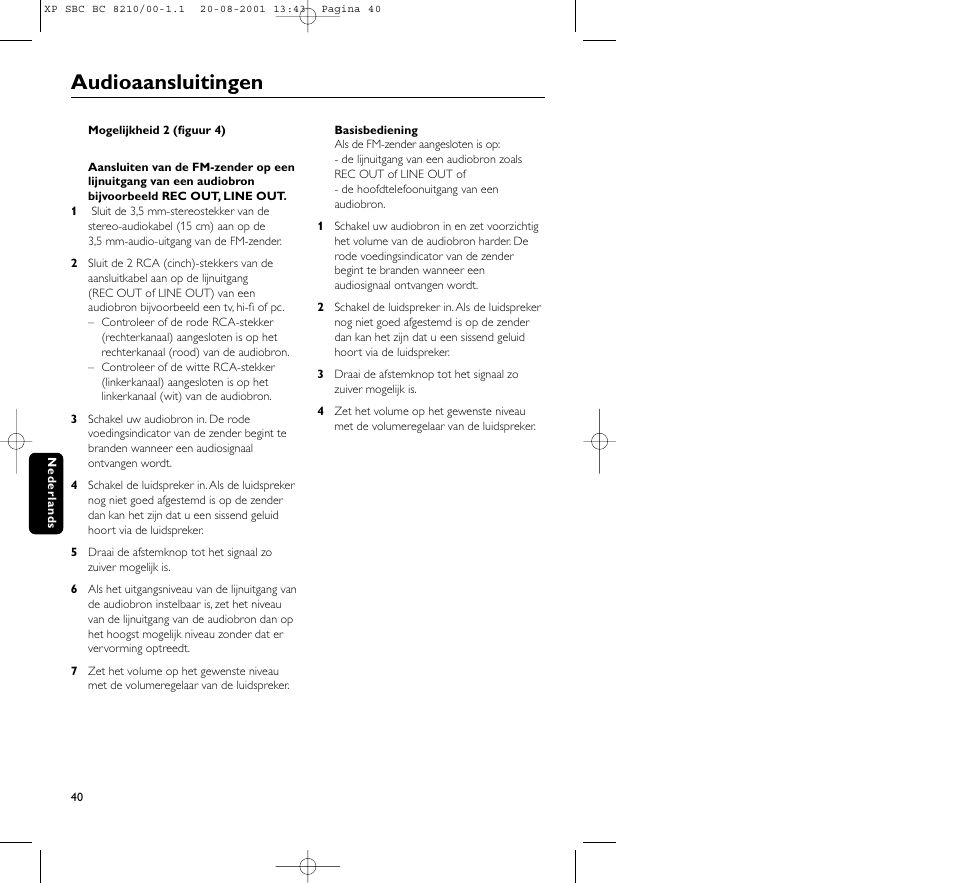 Audioaansluitingen | Philips FM CORDLESS SPEAKER BC8210 User Manual | Page 40 / 133