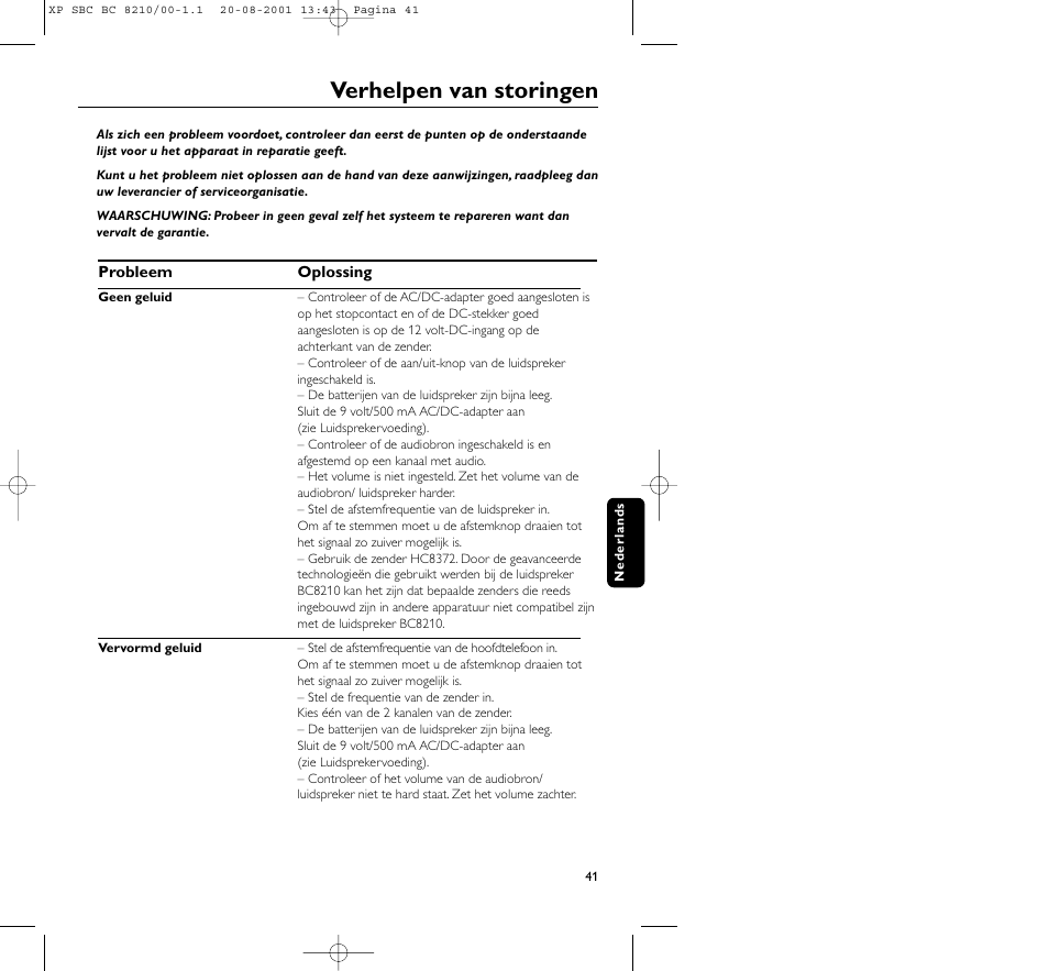 Verhelpen van storingen | Philips FM CORDLESS SPEAKER BC8210 User Manual | Page 41 / 133