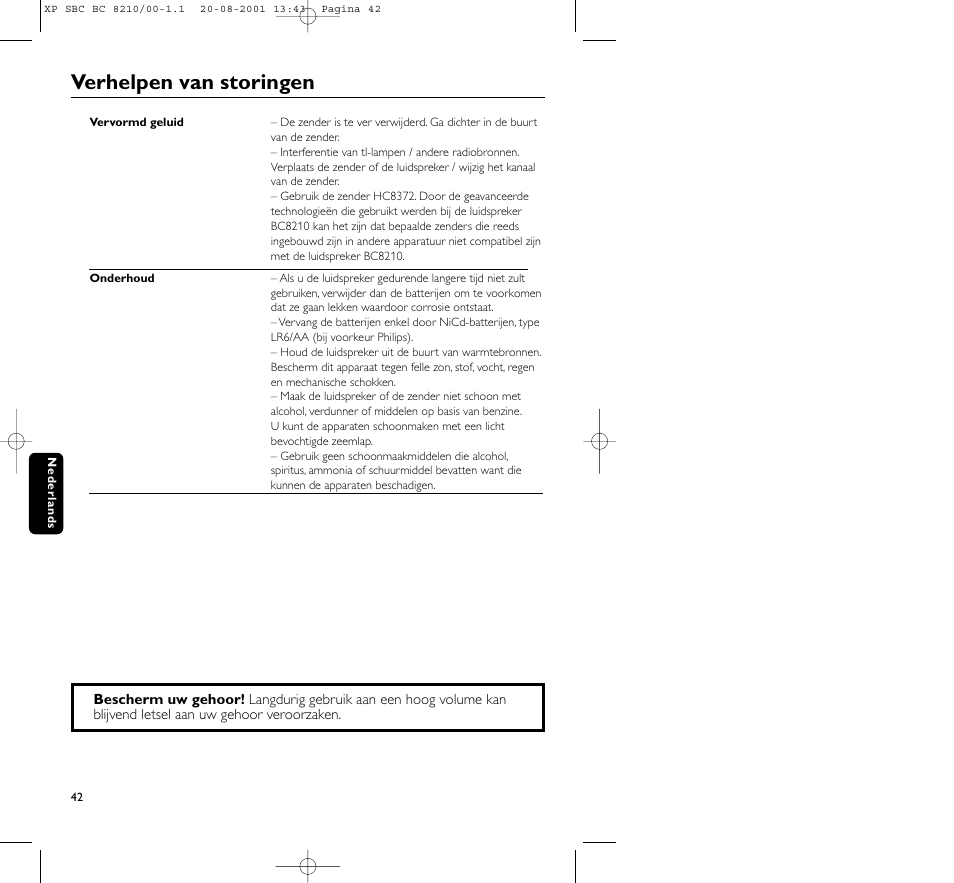 Verhelpen van storingen | Philips FM CORDLESS SPEAKER BC8210 User Manual | Page 42 / 133