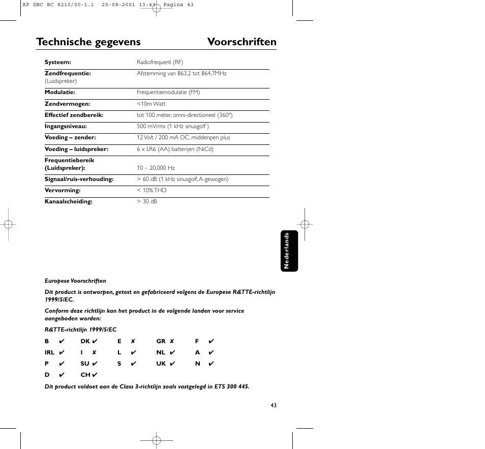 Technische gegevens voorschriften | Philips FM CORDLESS SPEAKER BC8210 User Manual | Page 43 / 133