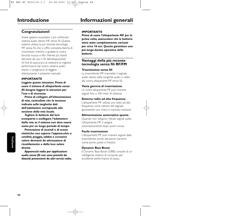 Introduzione informazioni generali | Philips FM CORDLESS SPEAKER BC8210 User Manual | Page 44 / 133