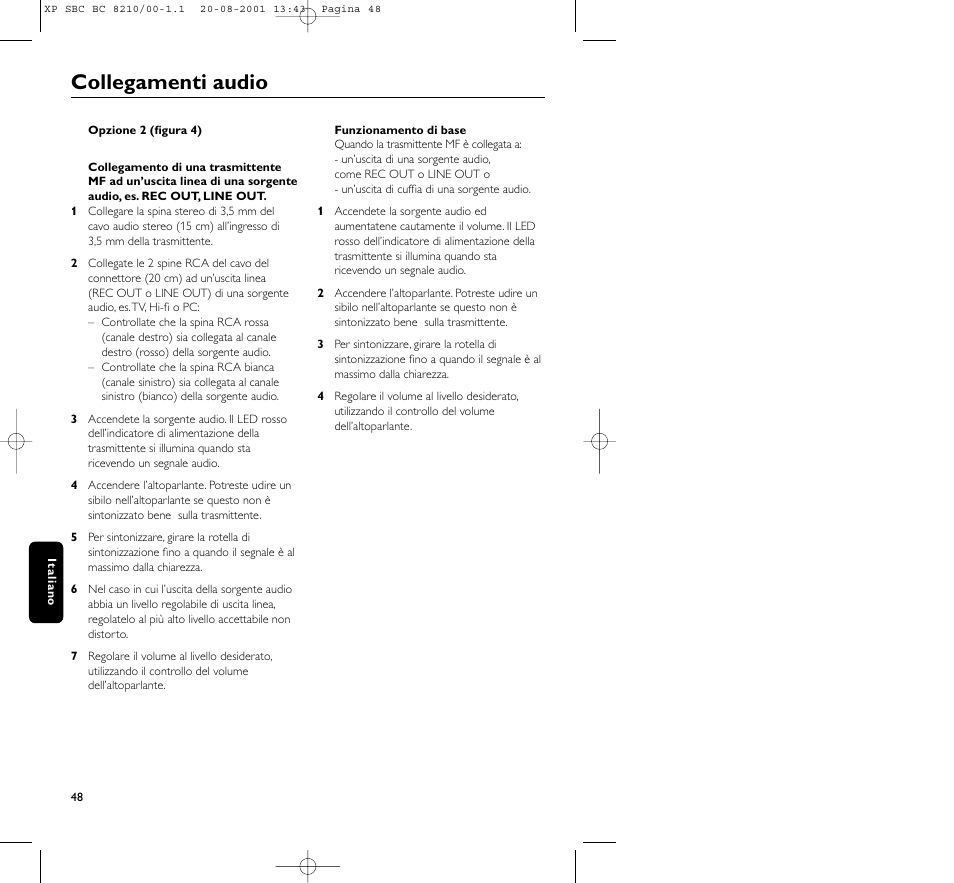 Collegamenti audio | Philips FM CORDLESS SPEAKER BC8210 User Manual | Page 48 / 133