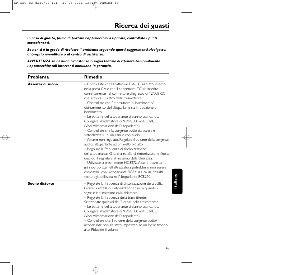 Ricerca dei guasti | Philips FM CORDLESS SPEAKER BC8210 User Manual | Page 49 / 133