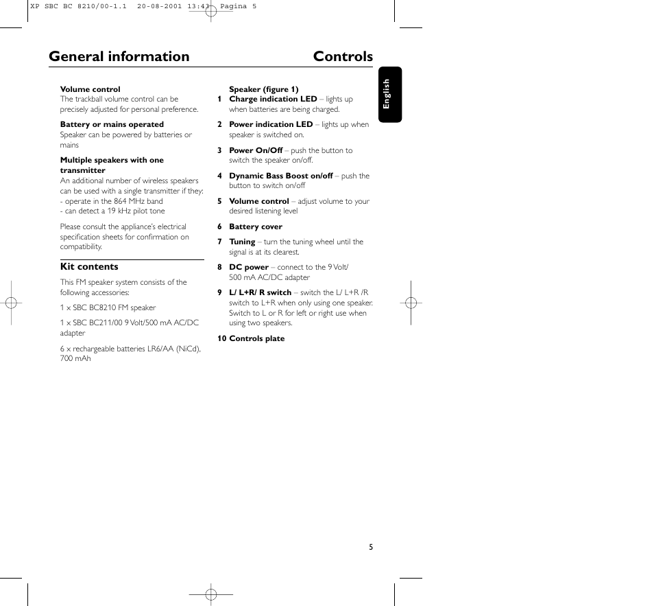 General information controls | Philips FM CORDLESS SPEAKER BC8210 User Manual | Page 5 / 133