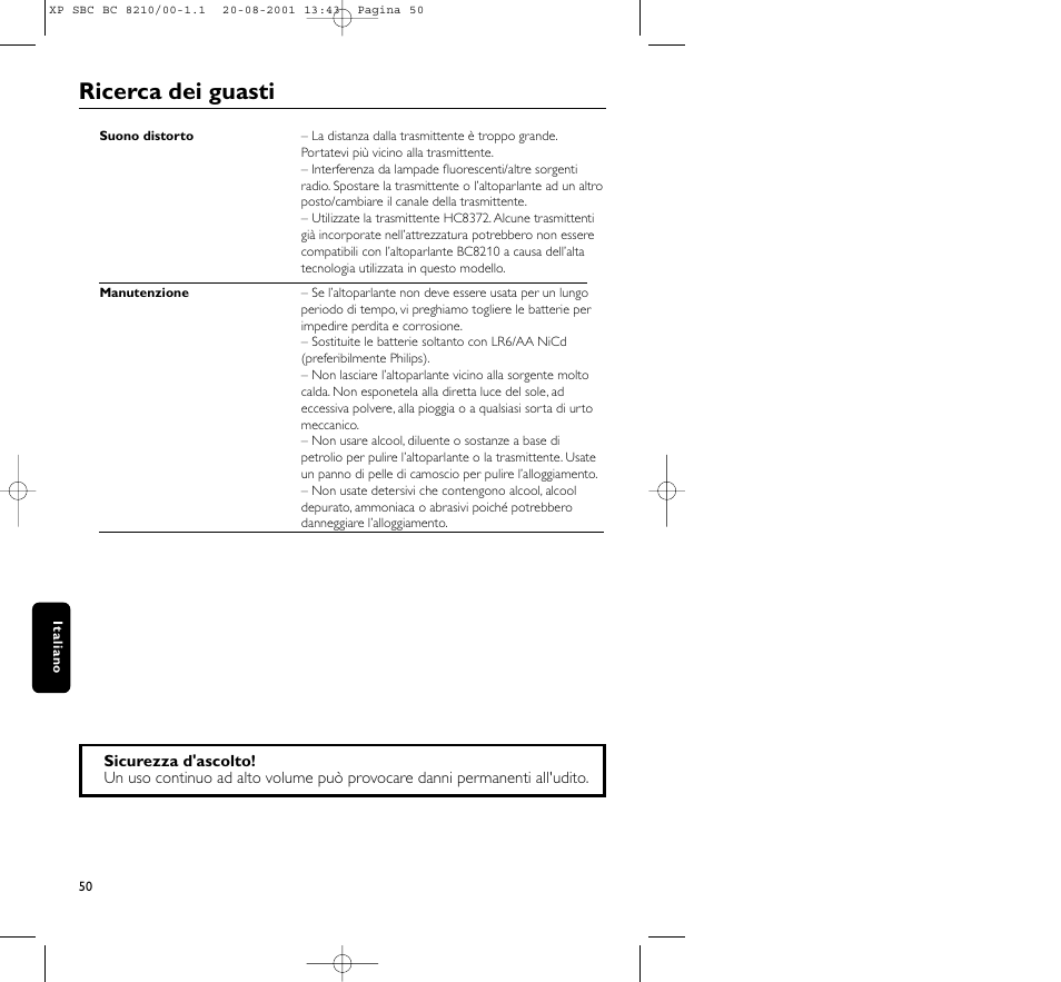 Ricerca dei guasti | Philips FM CORDLESS SPEAKER BC8210 User Manual | Page 50 / 133