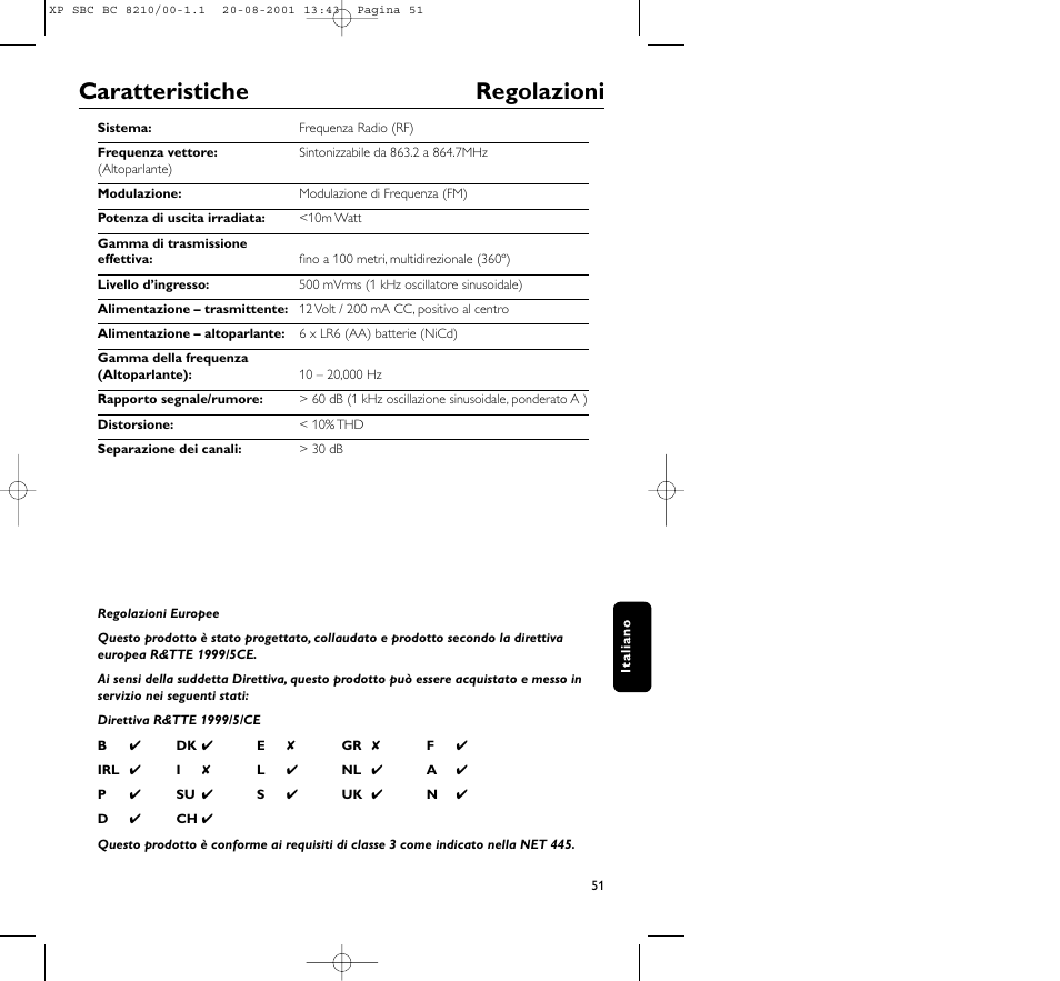 Caratteristiche regolazioni | Philips FM CORDLESS SPEAKER BC8210 User Manual | Page 51 / 133