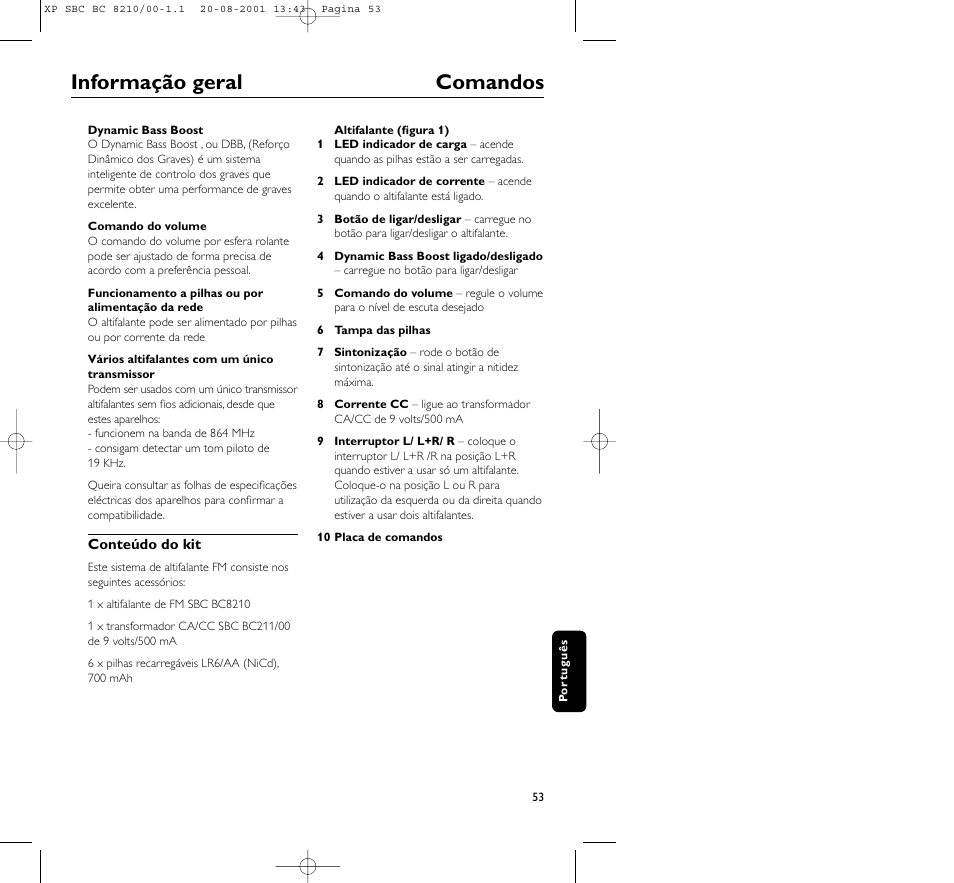 Informação geral comandos | Philips FM CORDLESS SPEAKER BC8210 User Manual | Page 53 / 133