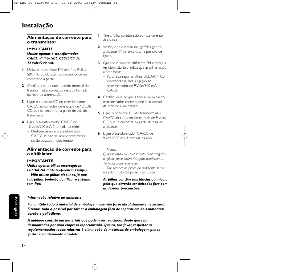 Instalação | Philips FM CORDLESS SPEAKER BC8210 User Manual | Page 54 / 133