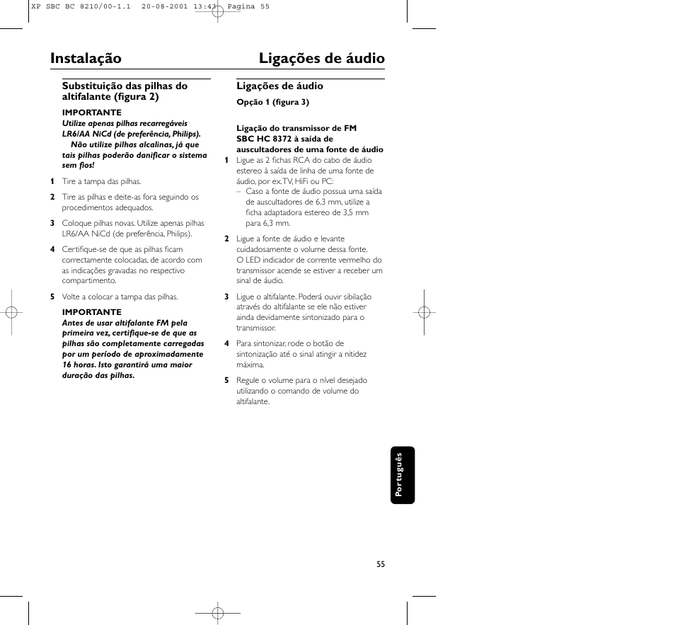 Instalação ligações de áudio | Philips FM CORDLESS SPEAKER BC8210 User Manual | Page 55 / 133