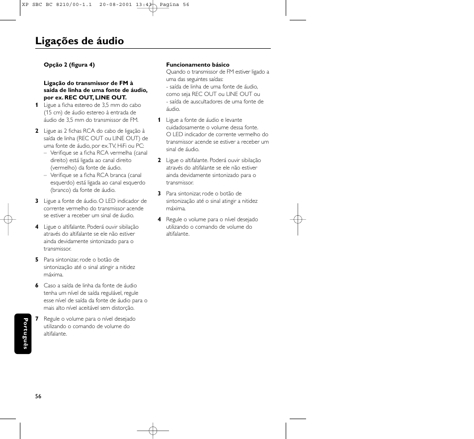 Ligações de áudio | Philips FM CORDLESS SPEAKER BC8210 User Manual | Page 56 / 133