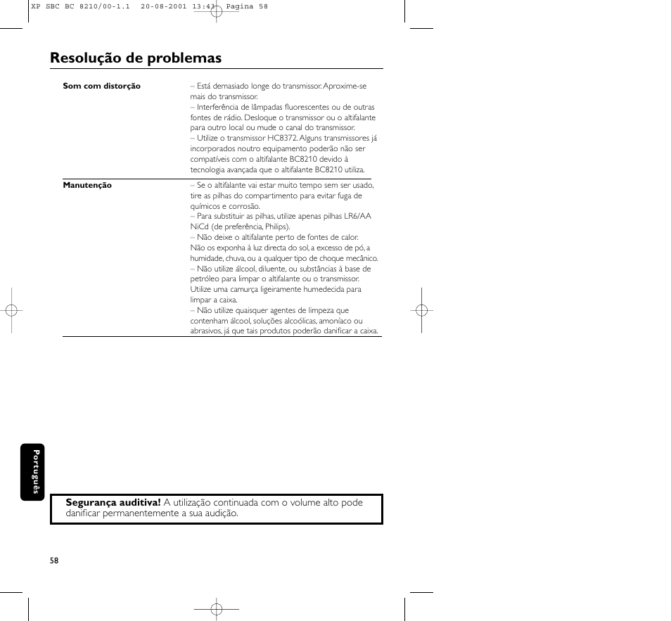 Resolução de problemas | Philips FM CORDLESS SPEAKER BC8210 User Manual | Page 58 / 133