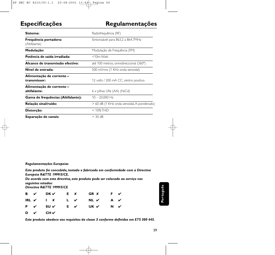 Especificações regulamentações | Philips FM CORDLESS SPEAKER BC8210 User Manual | Page 59 / 133