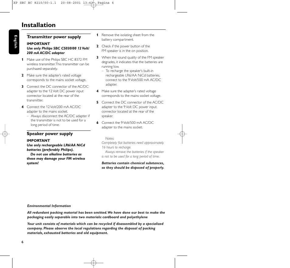 Installation | Philips FM CORDLESS SPEAKER BC8210 User Manual | Page 6 / 133