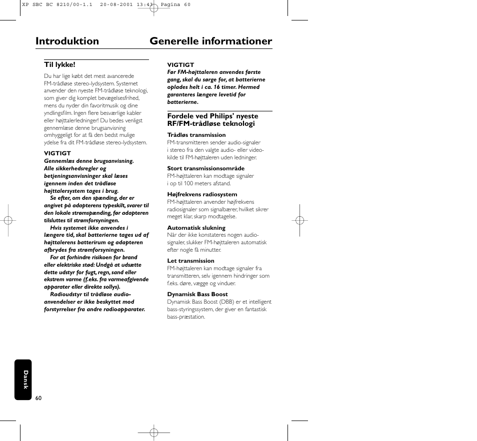 Introduktion generelle informationer | Philips FM CORDLESS SPEAKER BC8210 User Manual | Page 60 / 133