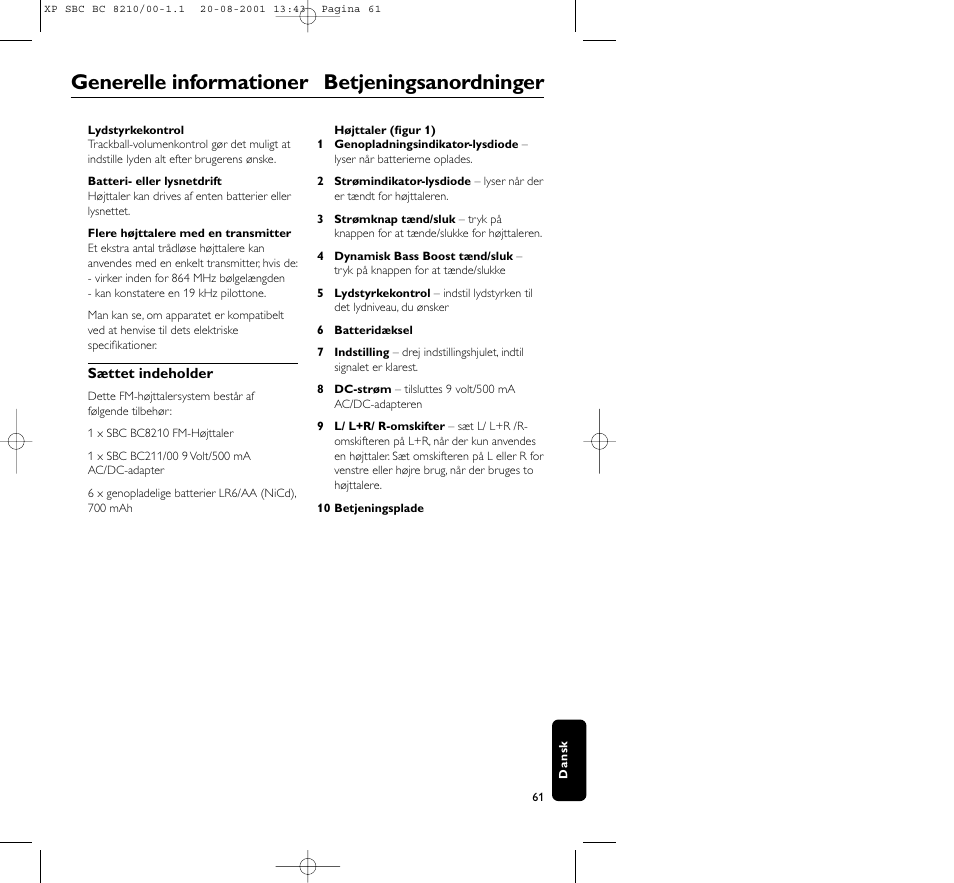 Generelle informationer betjeningsanordninger | Philips FM CORDLESS SPEAKER BC8210 User Manual | Page 61 / 133